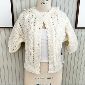 ASTR the Label NWT Bow Front Cable Knit Puff Sleeves Cardigan Sweater cream